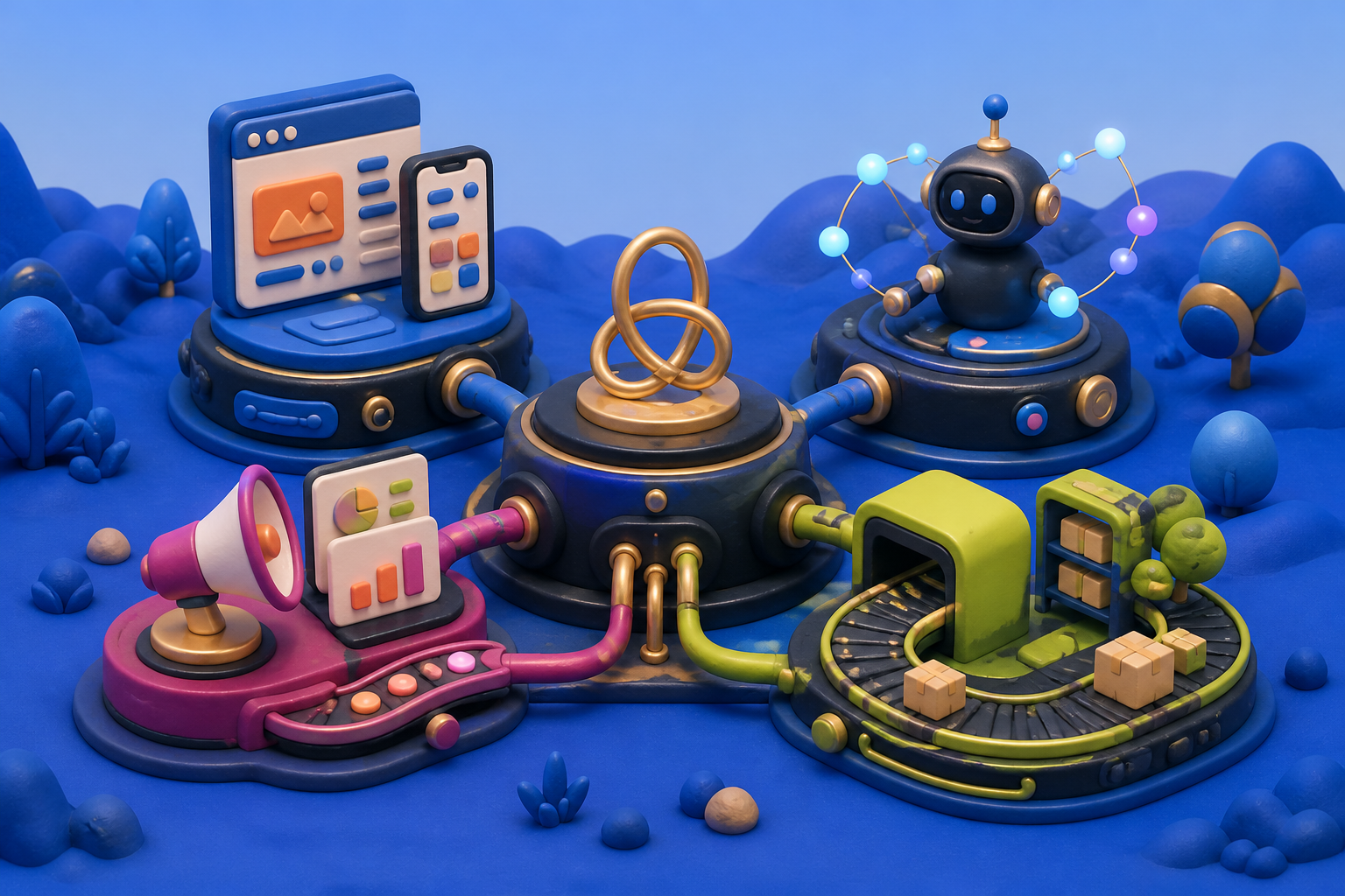 A playful 3D world connecting software, AI, marketing, and fulfillment into one system